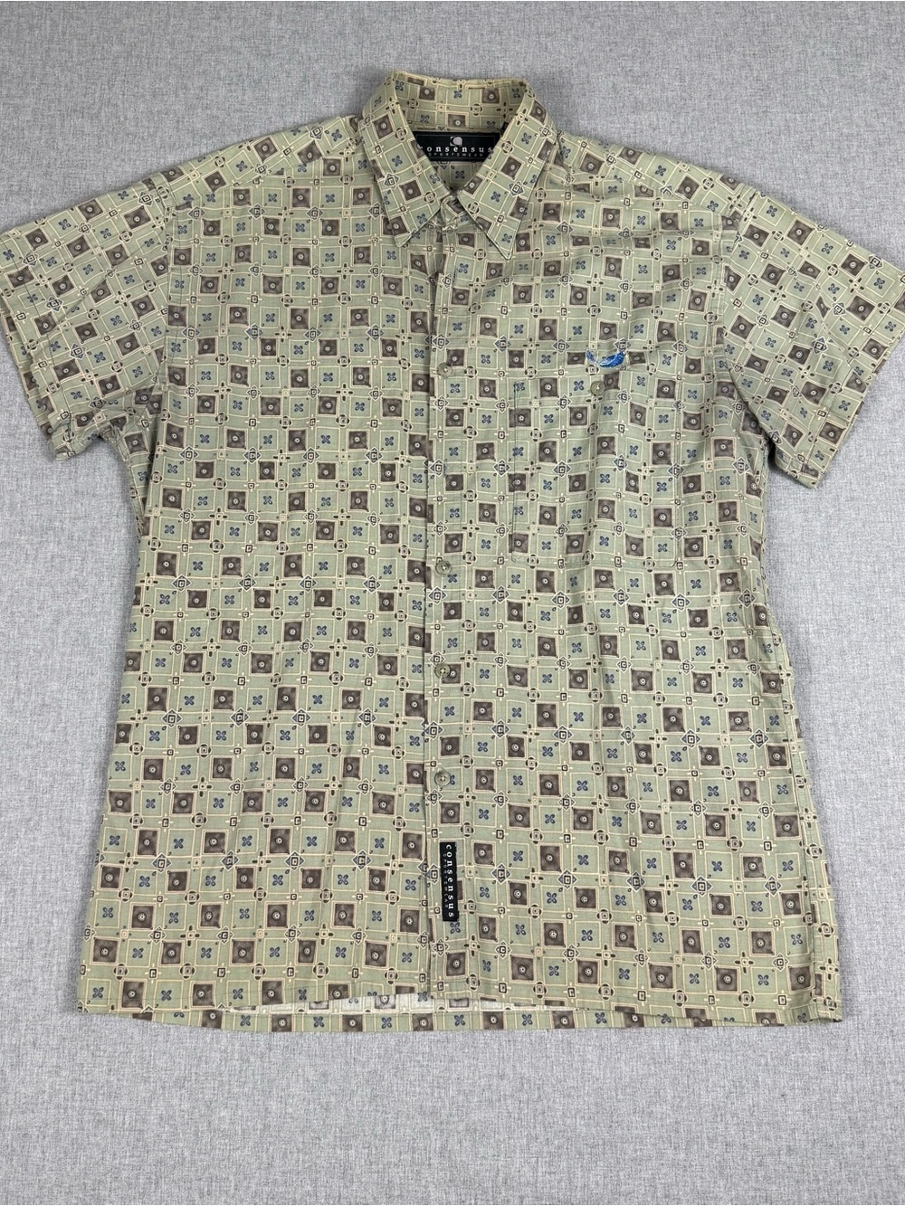 Vintage Consensus Sportswear Sage Geometric Print Shirt M 90s